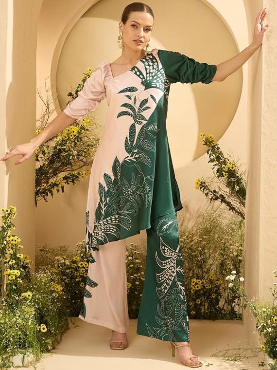 Ensemble haut tunique à fleurs et palazzo pour femme, ensemble