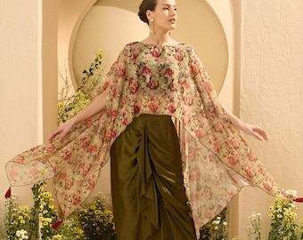 Zestaw z ozdobną górą i spódnicą typu draped dla kobiet, indyjski top z peleryną i spódnicą dhoti, strój etniczny indyjsko-zachodni, indyjska sukienka dla gościa weselnego
