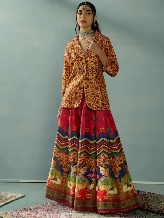 Printed Blazer With Skirt for Women, Indian Lehenga Choli, Wedding