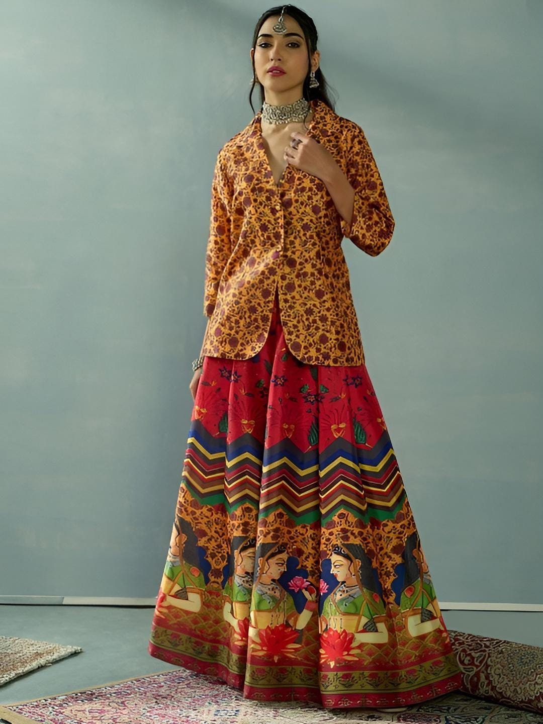 Printed Blazer With Skirt For Women, Indian Lehenga Choli, Wedding Guest Outfit, Indian Dress, Indian Gown Party Indo Western Dress