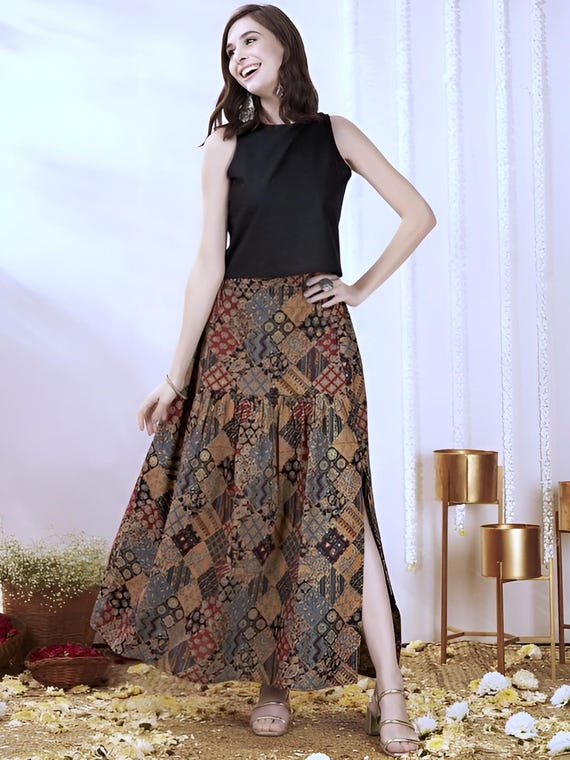 Ethnic Printed Crop Top With Slit Skirt for Women, Indian Top With