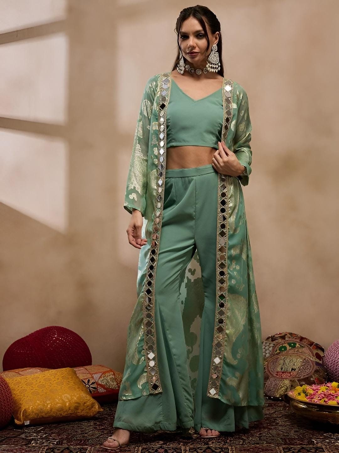 Tasseled Indo-western Crop-Top Set with Floral Print Shrug
