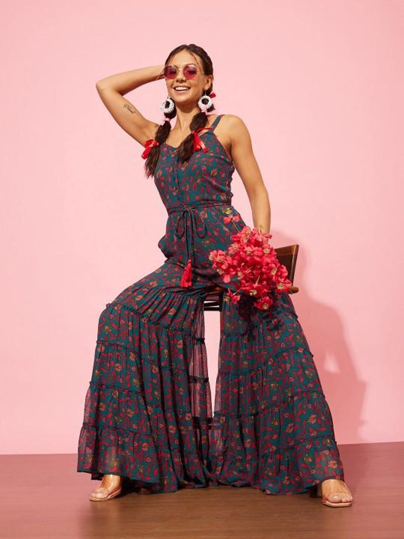 Floral Print Ruffled Jumpsuit for Women, Indian Dress for Women, Indian ...