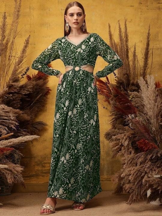 Embellished Printed Cut-Out Detail Maxi Ethnic Dress For Women, Indian Dress For Women, Indo Western Outfit, Maxi Dress For Women