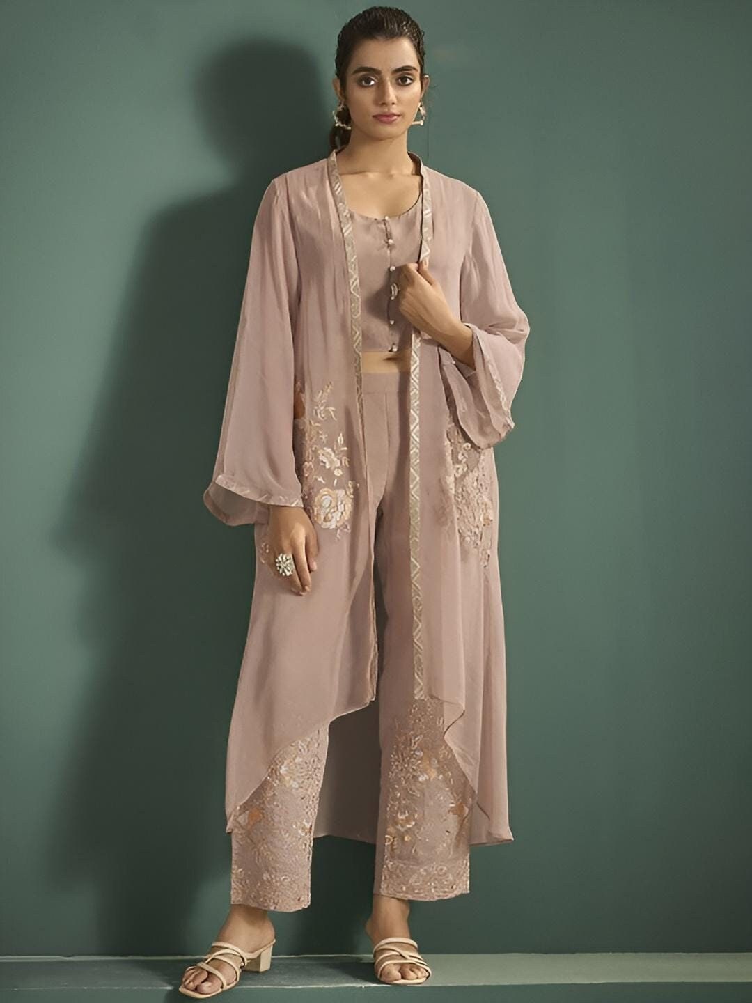 Brown Indian Crop Top With Pants Set