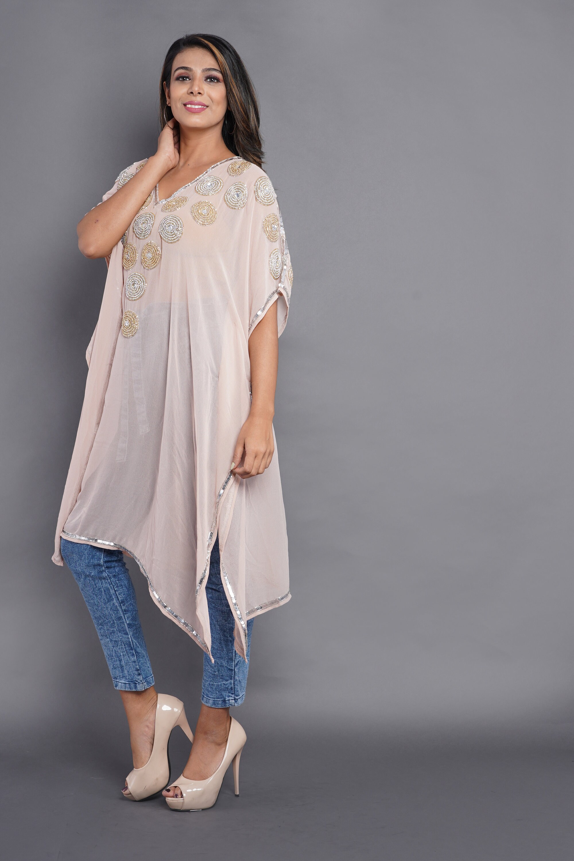 Women's Top Kaftan Short Printed Handmade Beads Sequins Etsy