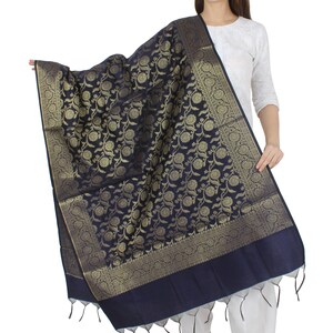 Women's Silk Blend Navy Blue & Gold Ethnic Motifs Woven Design Dupatta with Zari Work Free Shipping