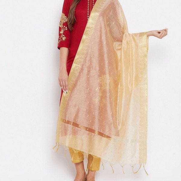 Dupatta, Chunni,Chunri Silk Blend Beige & Gold-Toned Woven Design Free Shipping