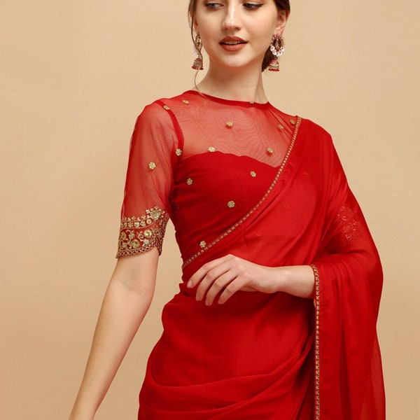 Red Embellished Silk Blend Saree 
With Unstitched Blouse Piece