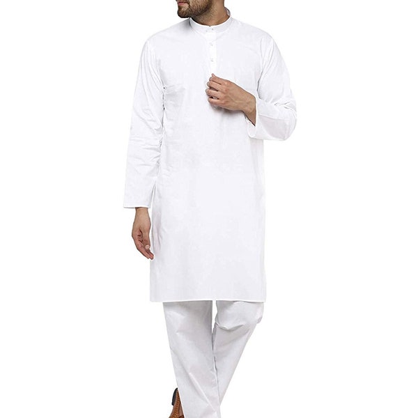 Traditional Wear Men's Kurta With Pant Linen Cotton Men Indian Ethnic Dress Plain Shirt Color - White