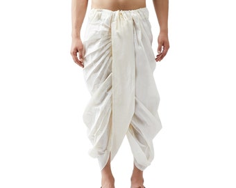 Hombres cosidos Dupion seda Dhotis, pantalones sólidos, pantalones boho, pantalones harem, pantalones holgados, sur de la India, pantalones madras, pantalones étnicos -blanco apagado
