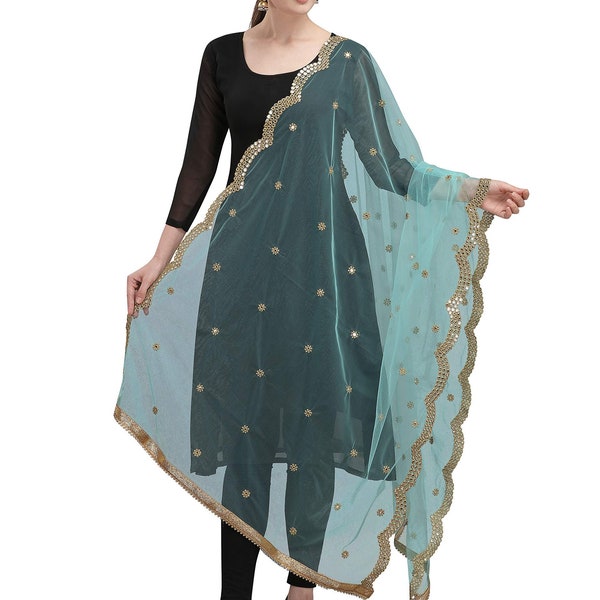 Frauen verschönert Net Dupatta / Chunni Farbe-Aquamarin Blau Kostenloser Versand