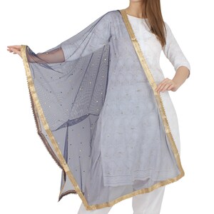 Women's Net Navy Blue & Gold-Toned Ethnic Motifs Embroidered Dupatta with Sequinned Free Shipping