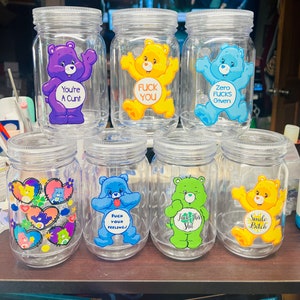 Swear Bear Care Bears Mason Jar Tumblers! Funny gifts! Includes lid and straw!