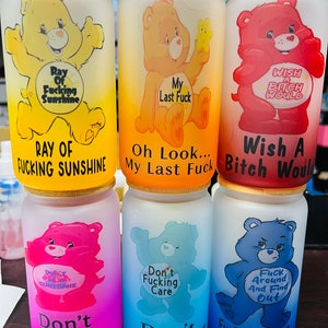 Swear Bear Care Bears 16 oz or 20 oz Ombre Glass Cans! Includes bamboo lid and metal straw! Funny gifts for friends and family!