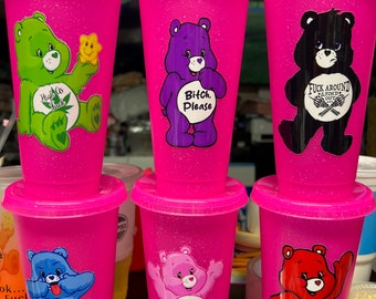 Swear Bear Care Bears Plastic Reusable Cups! Includes lid and straw! Funny gifts!