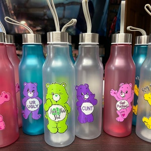 Swear Bear Care Bears 20 oz Plastic Water Bottles! Includes screw on lid with handle hook! Funny gifts for friends and family!