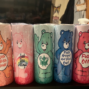 Swear Bear Care Bear 20 oz skinny tumbler! Includes lid and straw! Funny gifts for friends and family!