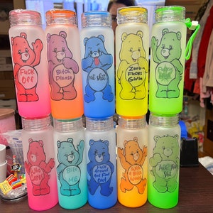 Swear Bear Care Bears 17 oz Glass Water Bottles! Funny gifts! Includes lid and strap!