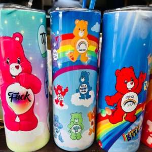 Swear Bear Care Bear 20 oz Tumbler! Tumbler has 15 swear bears on it! Funny gift for friends and family! Includes lid and straw!