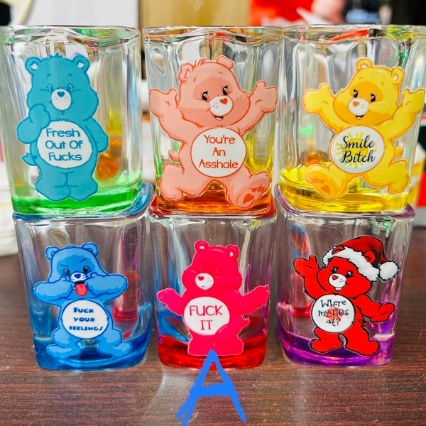 Swear Bear Care Bear Colored  Shot Glass Set! 2 oz heavy base! Funny  gifts for friends and family!