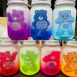 Swear Bear Care Bears Mason Jar Tumblers! Funny gifts! 15 oz Ombre mason jar tumblers! Includes straw!