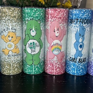 Swear Bear Care Bear Tumblers! 20 oz Care Bears- funny gifts! Friends and family. Tumblers with lid and straw