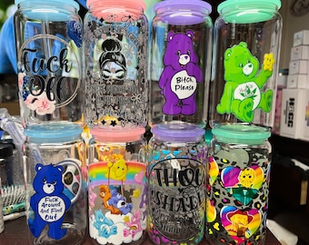 ¡Vaso de lata de vidrio de 16 oz de Swear Bear! ¡Incluye tapa de colores y pajita! ¡Regalos divertidos!