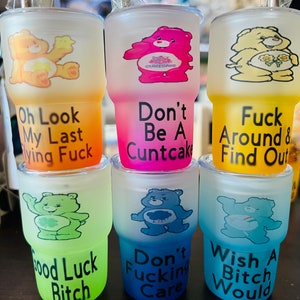 Swear Bear Care Bears 3 oz Mini Frosted Ombre Shot Style Tumblers! Includes lid and metal straw! Funny gifts for friends and family!