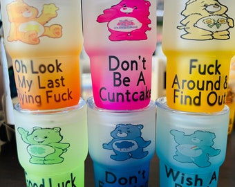 Swear Bear Care Bears 3 oz Mini Frosted Ombre Shot Style Tumblers! Includes lid and metal straw! Funny gifts for friends and family!