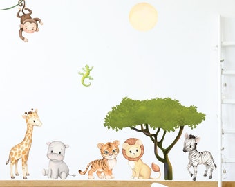May include: A set of colourful animal wall decals featuring a giraffe, hippopotamus, tiger, lion, zebra, monkey, and lizard. The decals are perfect for a nursery or child's room.
