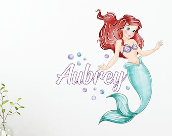 Calcomanía de pared de sirena con nombre personalizado: decoración extraíble para habitación de niñas de la princesa Ariel