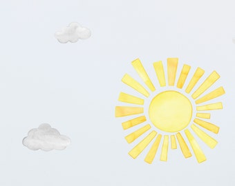 May include: A yellow watercolor sun with rays and four white watercolor clouds on a white background.