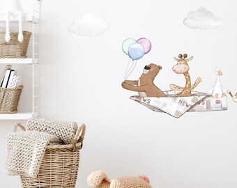 Safari Animal Paper Airplane Wall Decals: Giraffe, Bear, Monkey