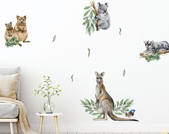 Naklejki ścienne z akwarelowymi australijskimi zwierzętami: wystrój pokoju dziecięcego Bush Babies
