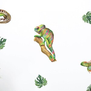 May include: A set of five wall decals featuring a chameleon, two lizards, and two tropical leaves. The decals are printed on a white background and are perfect for adding a touch of nature to any room.