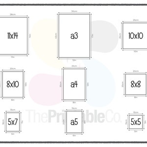 K&ouml;nnte beinhalten: Eine Tabelle mit den Abmessungen verschiedener Papierformate in Zoll und Zentimetern. Die Formate umfassen 11x14, 8x10, 5x7, 10x10, 8x8, 5x5, A3, A4 und A5.