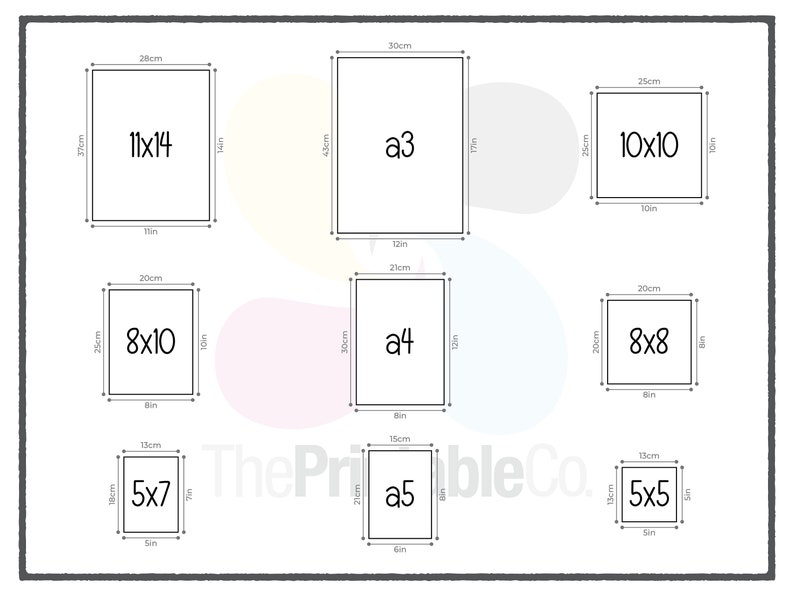 K&ouml;nnte beinhalten: Eine Tabelle mit den Abmessungen verschiedener Papierformate in Zoll und Zentimetern. Die Formate umfassen 11x14, 8x10, 5x7, 10x10, 8x8, 5x5, A3, A4 und A5.