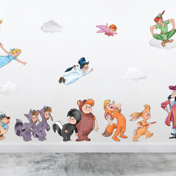 Peter Pan and Tinkerbell Fabric Wall Stickers, Neverland Wall Decals, Peter Pan and Lost Boys Removable Stickers