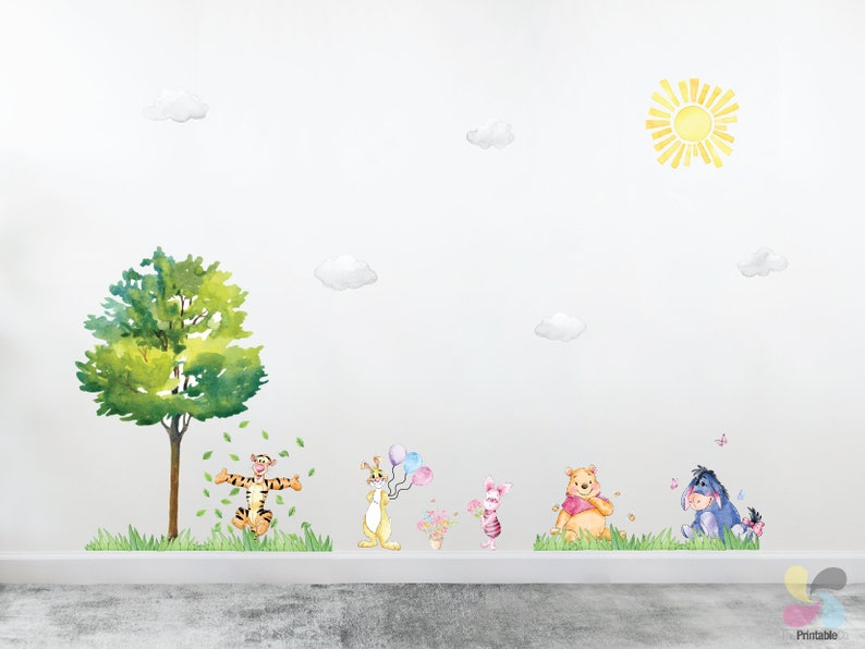 May include: A watercolor-style wall decal set featuring Winnie the Pooh and his friends. The set includes a tree, a sun, clouds, and characters like Tigger, Piglet, and Eeyore.