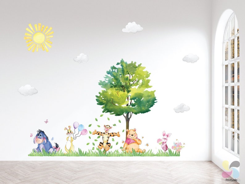 May include: A Winnie the Pooh themed wall decal set featuring Winnie the Pooh, Tigger, Piglet, Eeyore, and a tree with green leaves. The decals are perfect for a nursery or child's room.