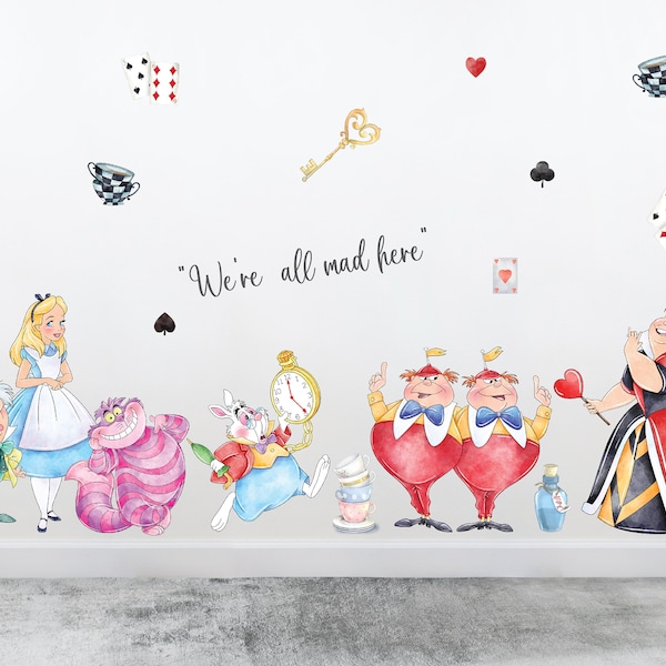 Adesivi murali rimovibili colorati Alice nel Paese delle Meraviglie, adesivi Alice attraverso lo specchio