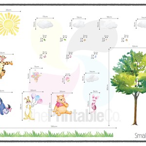 May include: A set of Winnie the Pooh themed wall decals featuring characters like Tigger, Eeyore, Piglet, and Pooh Bear. The decals are printed on a white background and include a sun, clouds, flowers, and a tree. The decals are sized in centimeters.