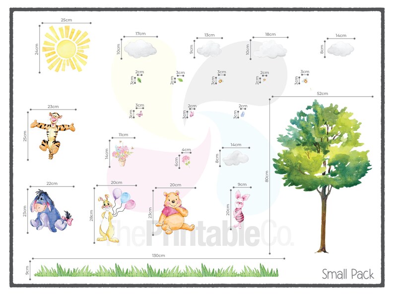 May include: A set of Winnie the Pooh themed wall decals featuring characters like Tigger, Eeyore, Piglet, and Pooh Bear. The decals are printed on a white background and include a sun, clouds, flowers, and a tree. The decals are sized in centimeters.