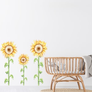 Sunflower Fabric Wall Stickers, Pack of 4 Sunflowers, Floral Wall Decals, Yellow Sunflower Wall Stickers