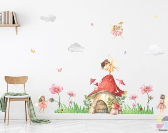 Fairy Muurstickers, Aquarel Fairy Decals, Fairy en Mushroom Wall Stickers, Fabric Fairy Decals