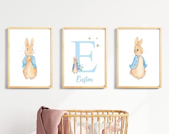 Peter Rabbit Nursery Prints, Personalized Boy Room Decor, Set of 3