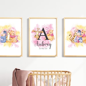 Winnie and Friends, Pooh Bear Inspired Wall Art, Nursery Room Decor, Nursery Art Set of 3 Wall Prints, Personalised Toddler Prints