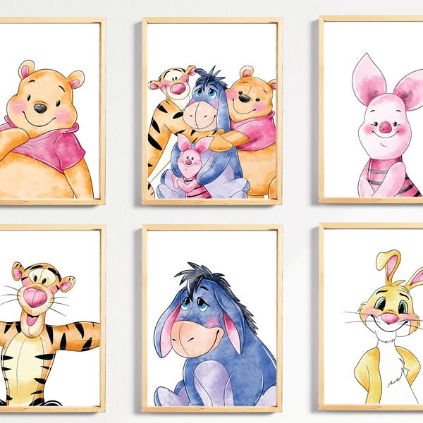 Acuarela Winnie The Pooh Wall Art, Género Neutro Nursery Theme, Kids Bedroom Decor, Winnie and Friends Wall Art