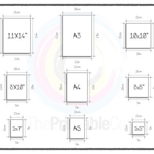 May include: A chart showing the different sizes of paper, including A3, A4, A5, 11x14 inches, 8x10 inches, 5x7 inches, and 10x10 inches. The chart also includes the measurements in centimeters and inches.